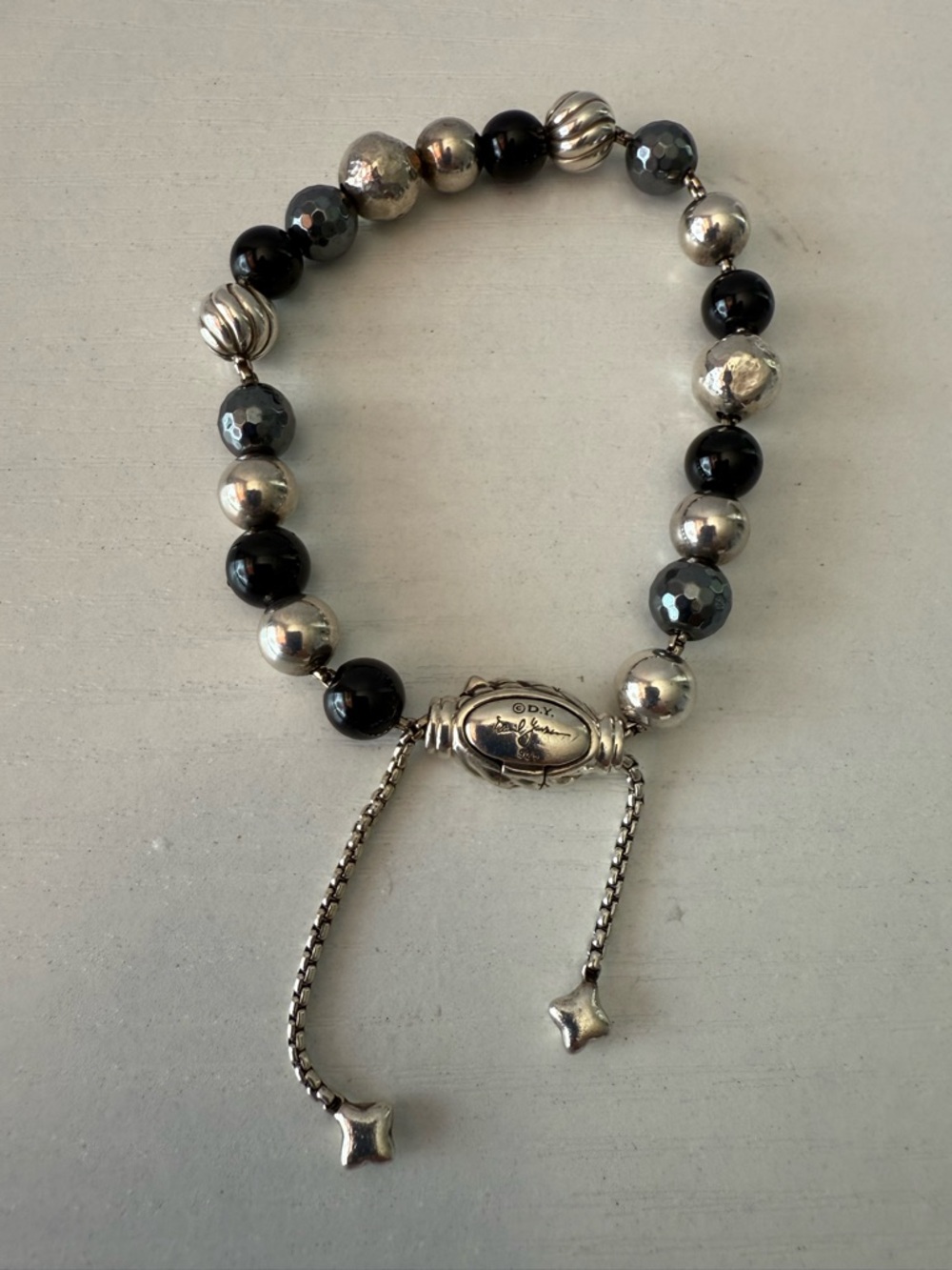 David Yurman Black Hematite and Silver Beaded Adjustable Bracelet